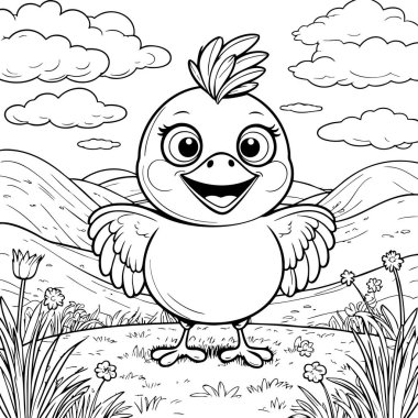 Mutlu kuş çimlerin üzerinde duruyor. Kanatları açık ve gülümsüyor. Parlak gökyüzü ve çiçekler altında.