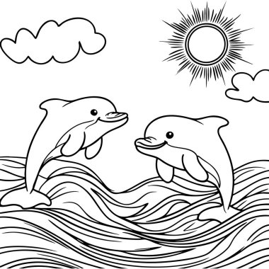 İki neşeli yunus, parlak güneşin altında okyanus dalgalarında zıplıyorlar.
