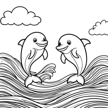 İki yunus gökyüzünde bulutlarla dalgalanıyor.