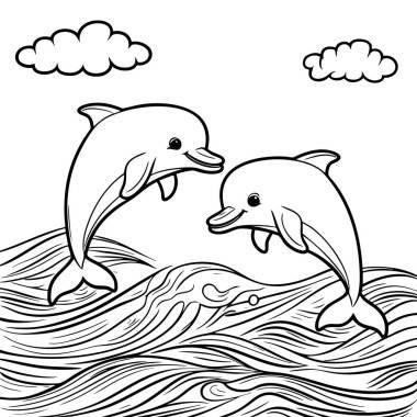 İki yunus, eğlenceli renklerde bulutlarla okyanusta zıplıyor.