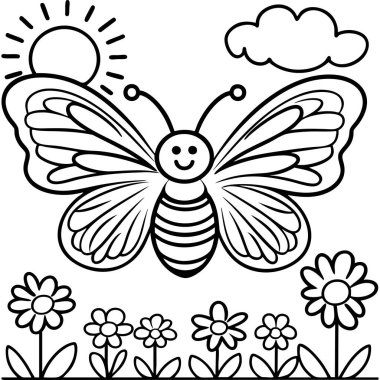 Gülen kelebek çiçeklerin üzerinde uçuyor güneş ve bulutların üzerinde çocukların boyaması için.