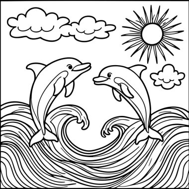 Yunuslar büyük okyanus dalgalarının üzerinden atlıyor, güneş ve bulutlarla renk değiştiriyor.