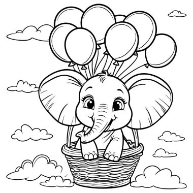 Yavru fil, bulutların arasında yüzen balonlarla kaldırılan bir sepete biner.