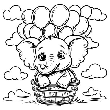 Şirin bebek fil bulutların arasında gülümserken balonların taşıdığı sepetin içinde oturuyor.