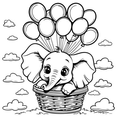 Gülümseyen bir bebek fil, bulutların arasında uçan balonlarla kaldırılan bir sepete biner.