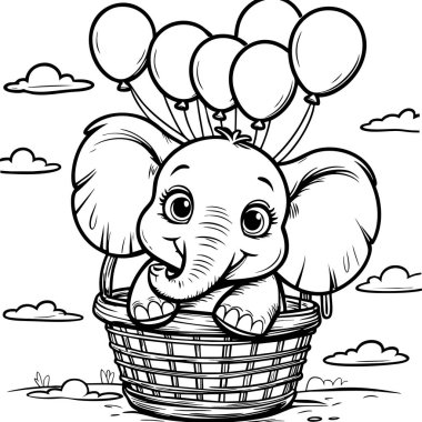 Şirin bebek fil, sepetin içinde oturuyor. Havada uçan balonlarla birlikte.