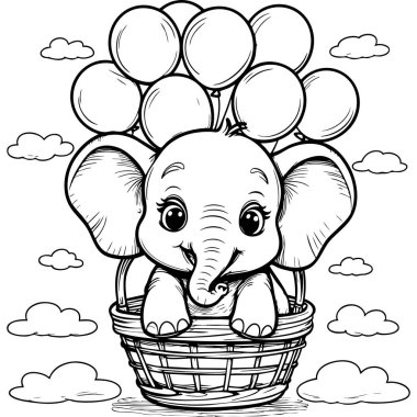 Bebek fil, bulutların arasında mutlu bir şekilde gülümserken balonlarla kaldırılan bir sepete biner.