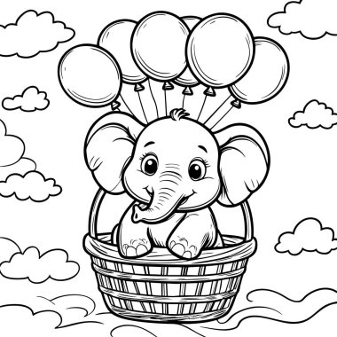 Şirin fil gökyüzündeki bulutların arasında balonlarla taşıdığı sepetin içinde mutlu bir şekilde yüzüyor.