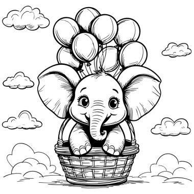 Sepette oturan sevimli fil renkli sayfaların etrafında bulutlarla yüzen balonlar tarafından kaldırıldı.