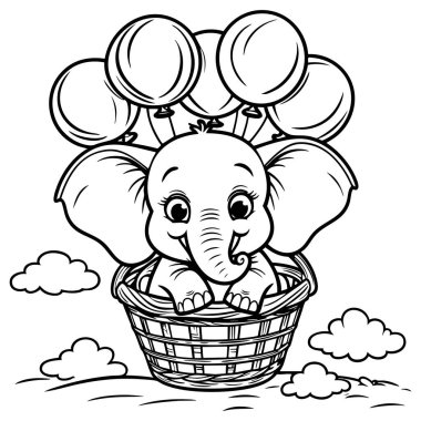 Sepet boyama sayfasında balonlarla uçan sevimli bir fil.