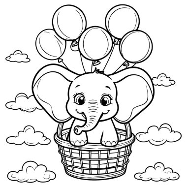 Tatlı fil sepetinde yüzüyor balonlarla ve bulutlarla