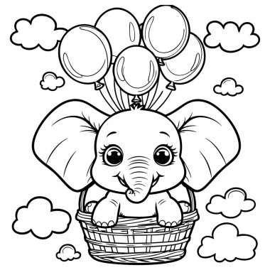 Bebek fil sepetin içinde balonlarla ve bulutların boyama sayfalarıyla uçuyor.