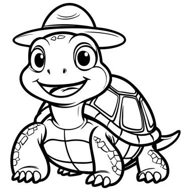 Çocukların boyaması için şapka takan geniş gülüşlü sevimli bir kaplumbağa.