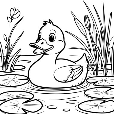 Havuzda yüzen sevimli ördek ve çocuklar için zambak yastıkları eğlenceli boyama sayfası.