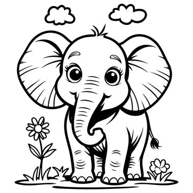 Eğlenceli renklendirme aktiviteleri için büyük kulakları ve çiçekleri olan sevimli bir bebek fil.