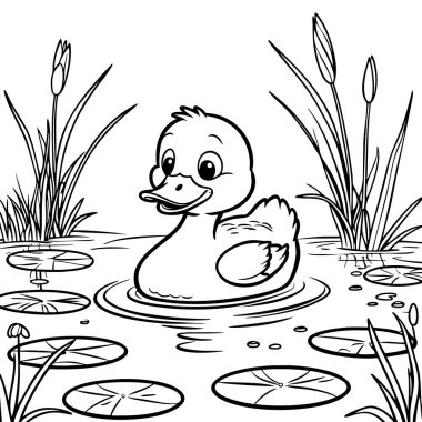 Çizgi film ördek yavrusu çocuklar için nilüfer yaprağı boyama sayfası ile gölette mutlu bir şekilde yüzüyor.