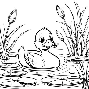 Çocuklar için nilüfer yaprağı ve bitki boyama sayfalarıyla gölde yüzen gülümseyen ördek yavrusu.