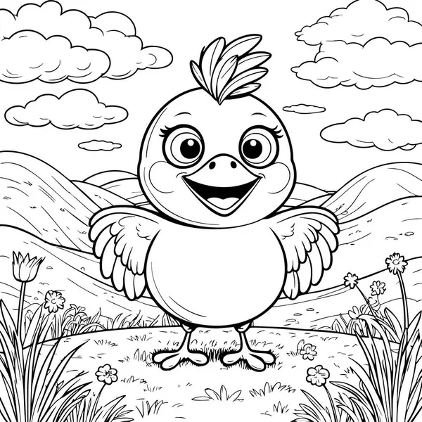 Mutlu kuş çimlerin üzerinde duruyor. Kanatları açık ve gülümsüyor. Parlak gökyüzü ve çiçekler altında.