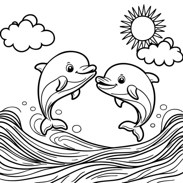 İki yunus, parlak güneşin altında okyanus dalgalarının üzerinden mutlu bir şekilde atlıyor.