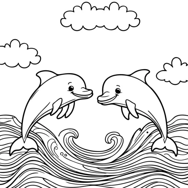 Gökyüzünde bulutlarla çevrili iki yunus sevinçle okyanus dalgalarının üzerinden atlıyor.