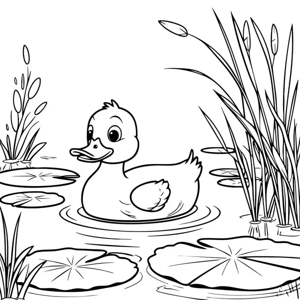 Çocuklar için boyama sayfasında zambaklar ve bitkilerle gölette yüzen gülümseyen ördek yavrusu.