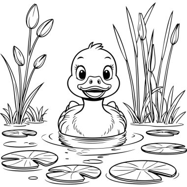 Şirin bir ördeğin komik renkli sayfası, nilüfer yapraklarıyla gölde yüzüyor.