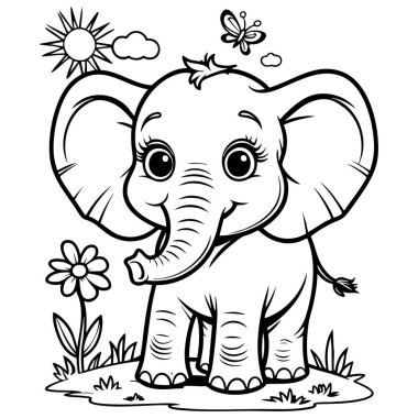 Kocaman kulakları olan, çiçekli ve kelebekli şirin bir bebek fil.