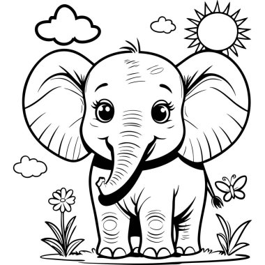 Gülümseyen fil çimlerin üzerinde duruyor güneş çiçekleri ve renk vermek için kelebek