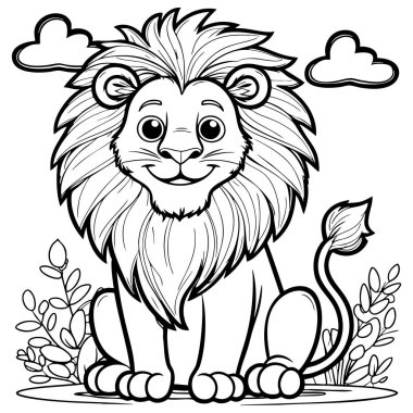 Büyük yeleli, gülümseyen bir aslan yerde, bulutların ve bitkilerin altında oturur.