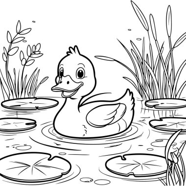 Havuzda yüzen sevimli ördek çocukların boyama eğlencesi için nilüferlerle çevrili.