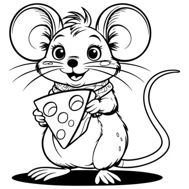 Eşarp takan mutlu bir fare gülümseyerek bir dilim peynir tutar.