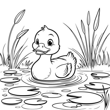 Gülümseyen bir ördek yavrusu su bitkileri ve zambaklarla dolu bir gölde yüzer.