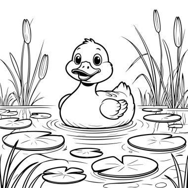 Gülümseyen bir ördek yavrusu, etrafını nilüfer yaprağı ve sazlıklarla çevrili bir gölde yüzer.