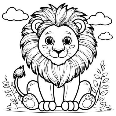 Büyük bir aslan mutlu mesut oturur, etrafını bitkiler ve bulutlar sarar.