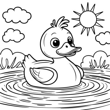 Gölette yüzen sevimli ördek, gökyüzünde bulutlar ve çocukların boyaması için eğlenceli bir resim.