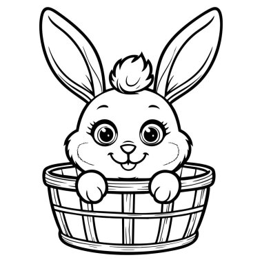 Büyük kulaklı mutlu tavşan çocuk boyama sanatı için yuvarlak bir sepetin içinde oturuyor.