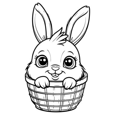 Büyük kulakları olan neşeli bir tavşan bir sepetin içinde otururken renk etkinliği için harika.
