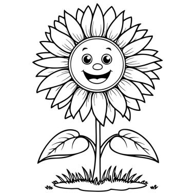 Sevimli bir yüzü olan mutlu bir ayçiçeği ve çocuklar için mükemmel çimde duran büyük yapraklar.