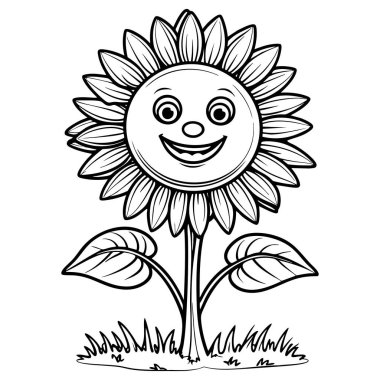 Neşeli bir ayçiçeği, gülümseyen bir yüzü ve çocukları boyamak için çimlerin üzerinde duran geniş yaprakları olan.