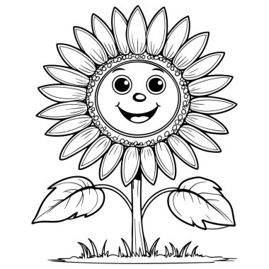 Yuvarlak yapraklı ve mutlu yüzlü bir ayçiçeği. Renklendirme aktiviteleri ve eğlenceli çocuklar için harika.