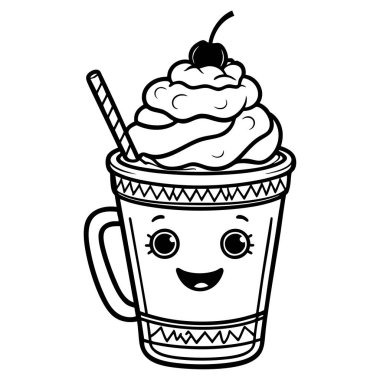 Gülümseyen bir milkshake bardağı, krem şantili ve saman renkli eğlence tasarımı ve çocuk sanatı.