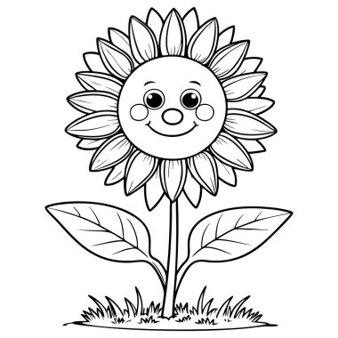 Yuvarlak gülen yüzlü çizgi film ayçiçekleri ve renk etkinliği için yapraklar.