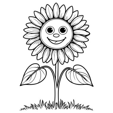 Sevimli yüzlü gülen ayçiçeği ve boyama faaliyetleri için büyük yuvarlak gözler.