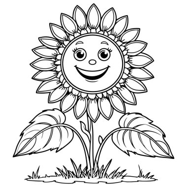 Gülen yüzlü mutlu ayçiçeği ve çocukları eğlendirmek için büyük yapraklar.