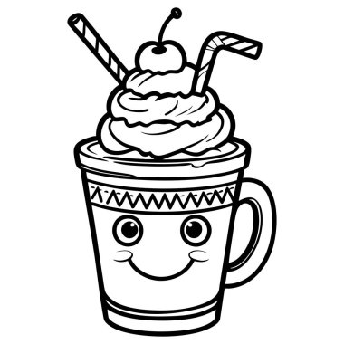 Kiraz kremi ve pipetle gülümseyen milkshake boyama sayfası