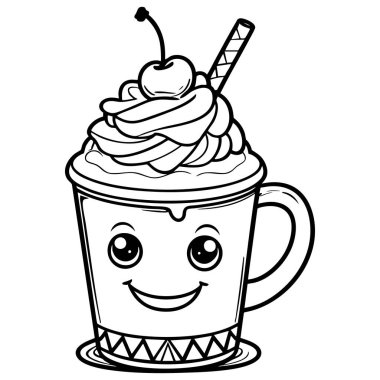 Krem şantili, vişneli pipetli ve gülümseyen yüzlü şirin kupa.