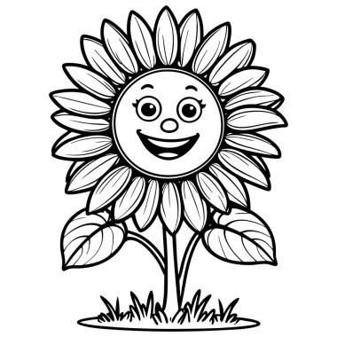 Çocuklar için çizgi film tarzında mutlu ayçiçeği ve yapraklar.