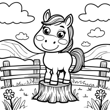 Sevimli midilli boyama sayfası mutlu bir gülümsemeyle bir kütüğün üzerinde duruyor.