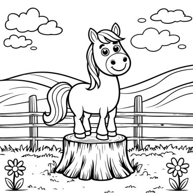 Çizgi film atı tepelerin arkasındaki kütüğün üzerinde duruyor.