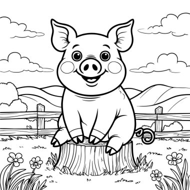 Çiftlikteki ağaç kütüğünde oturan sevimli domuz tepeleri, çiçekleri ve boyama eğlencesi için mükemmel ahşap çitleri var.